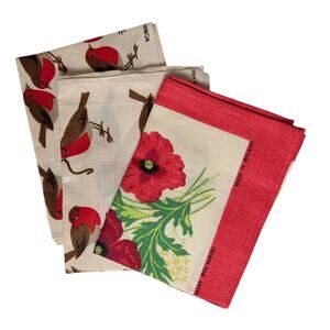 Set of 3 Ulster Weavers 100% Pure Irish Linen Dishcloths Robins Floral Cream Red